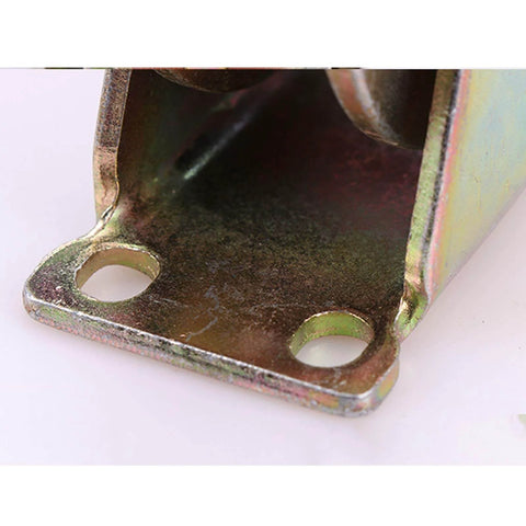 Close-up of Beefy Heavy Duty Sliding Gate Roller base mount bracket with steel V-shaped wheel and dual bearing design.