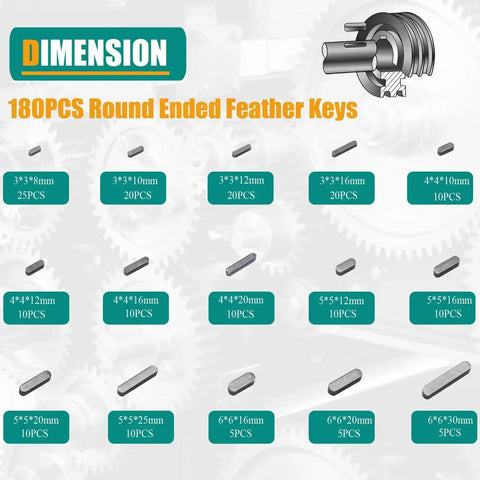 Woodruff Key Stock Assortment Kit With 180 Pieces 15 Round End Feather Keys Parallel Drive Shaft Keys For Fasteners