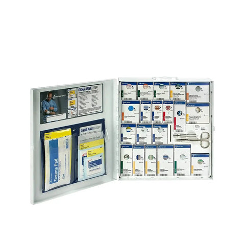 ANSI 2015 B And OSHA Compliant 50 Person First Aid Kit With 199 Pieces for Office Home Car and Job Site shown open with contents visible.