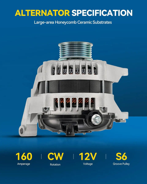 Front view of New 12V 160Amp CW S6 Alternator Replacement 11240N for Jeep Liberty and Dodge SUVs 2007-2013 with 6-groove pulley.