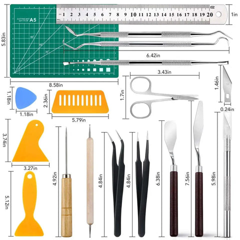 28 Piece Precision Craft Tools Set For Vinyl Weeding And DIY Art Projects Including Tweezers Spatulas Weeders Scissors Knife Cutting Board Blades Tracing Pen Ruler Carving Knife And More In A5 Zipper Bag For Scrapbooking And Hobbyist Projects displayed on a surface