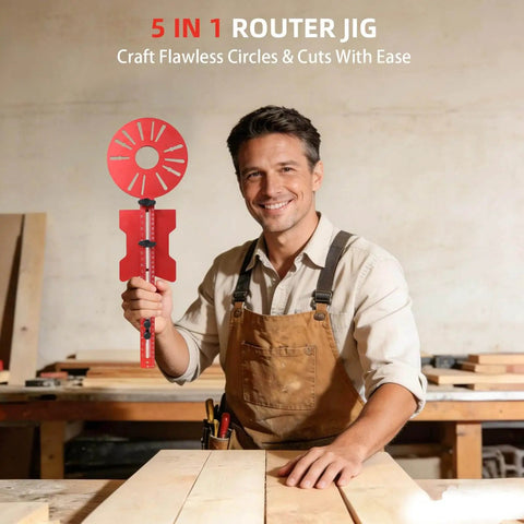 Woodworker holding 5 In 1 Router Circle Jig And Milling Groove Bracket for precise round groove milling in workshop