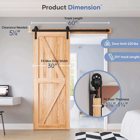 Five Foot Heavy Duty Sliding Barn Door Hardware Track Kit with J Pulley Ball Bearing Rollers Installed on 30 Inch Door