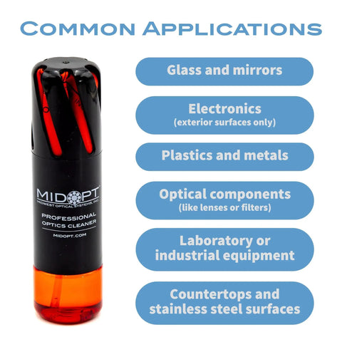 Optics Cleaning Solution With Microfiber Cloth For Smudge Free Lenses 2 Oz bottle showing common applications list