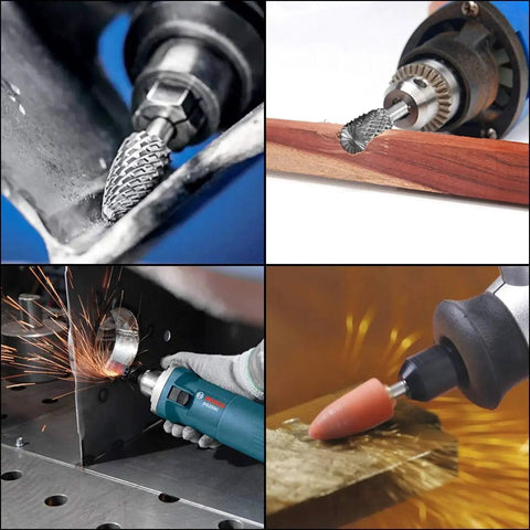 Four images showing a Five Piece Premium Pro Grade Tungsten Carbide Rotary Burr Set With Quarter Inch Shank Double Cut 8mm Head Die Grinder Bits For DIY Woodworking Carving Metal Polishing Engraving And Finishing Projects Built For High Sharpness And Toughness in use on metal and wood surfaces.