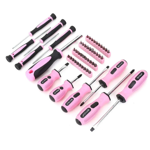 Pink Tool Set For Women 220 Piece Home Repair Kit with screwdrivers and precision bits on white background