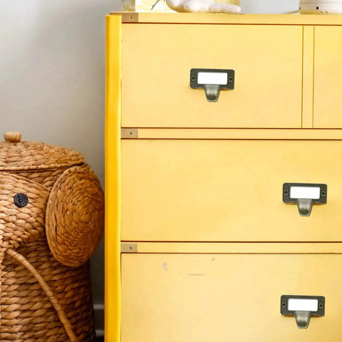 Yellow drawer cabinet with antique bronze card catalog drawer pulls set of 20 for file cabinets office furniture vintage library label.