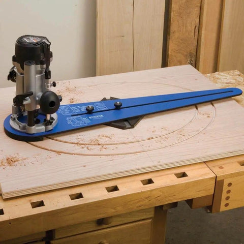 No Fuss Ellipse Router Circle Cutting Jig For Woodworking shown in use on a wooden panel, attached to a plunge router for precise cuts.