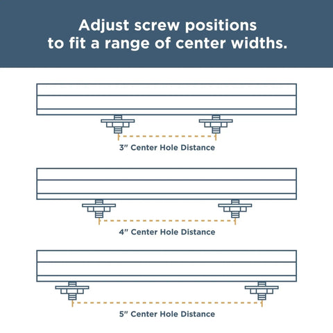 Diagram of 5 Pack Adjustable Drawer Pulls In Champagne Bronze For 2 To 8 13/16 Inch Hole Centers With Classic Curve Design showing screw positions.