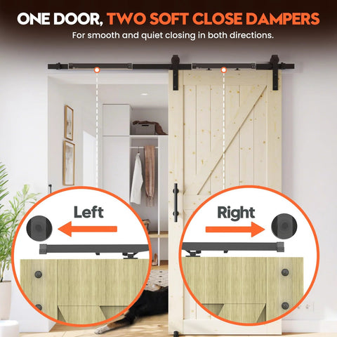 Silent Soft Close Barn Door Hardware Kit With Adjustable Stopper And Damper For Sliding Doors Between 88 And 132 Pounds Universal Top Track Fit No Drilling Required Includes Two Spacers Black Finish shown installed on barn door.