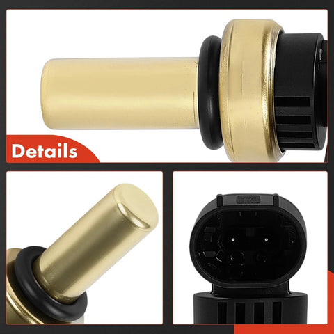 Engine Coolant Temperature Sensor 2 Pins for GM Cars and SUVs That Keeps Your Ride Running Smooth Compatible With Chevrolet Buick GMC Cadillac Saturn Malibu Cruze Colorado Sonic Trax Express 3500 Terrain Encore LaCrosse Bolt EV APremium Quality, showing close-up of 2-pin design and connection port.