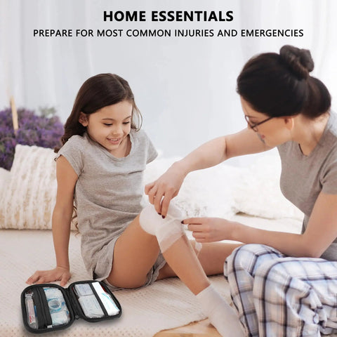 Mother using Mini First Aid Kit 120 Piece Waterproof Hard Shell Medical Kit For Car Home Office Travel Camping Sports Outdoor School Emergency Supplies And Survival Gear Red to bandage daughter's knee at home.