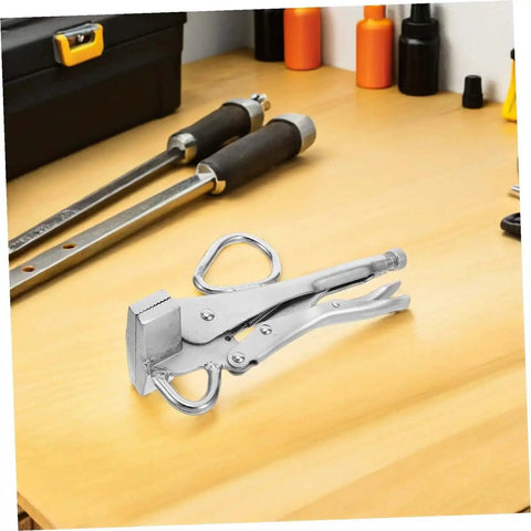 Heavy Duty Auto Body Sheet Metal Clamp Pliers With Wide Duckbill Jaw for welding on a workbench with tools in background