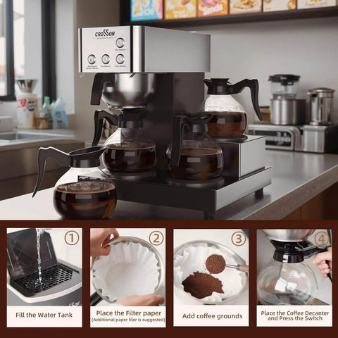 12 Cup Commercial Coffee Brewer With 4 Warmers And 4 Glass Decanters in stainless steel housing on counter