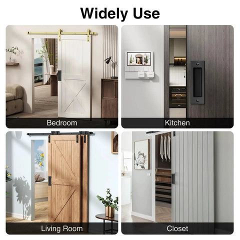 Various rooms with 6 Inch Flush Pull Sliding Barn Door Handle Set For Closet Pocket And Cabinet Doors Recessed Rectangular Plate Matte Black Finish Durable Rust Resistant Design And Included Mounting Hardware For Easy Installation displayed.