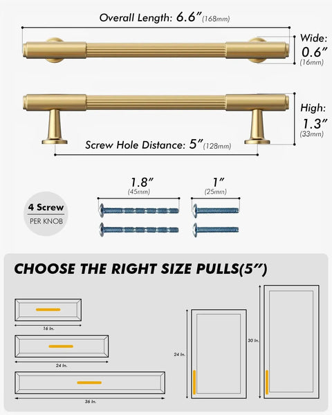 Diagram of Champagne Bronze Cabinet Pulls 10 Pack 5 Inch Center To Center 6.6 Inch Overall Length with screws and installation guide