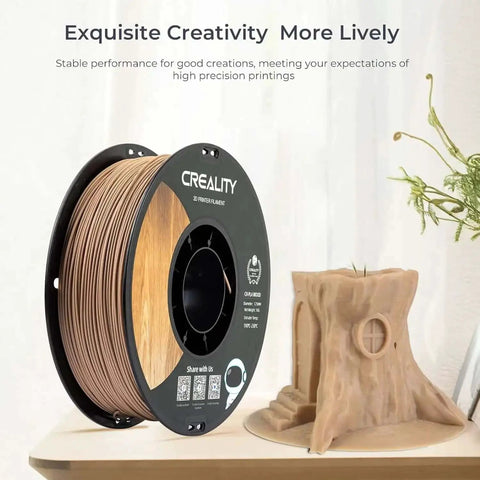 Wood Filament PLA 1.75mm for 3D Printing Real Wood Texture Silk Finish 1kg spool next to tree model