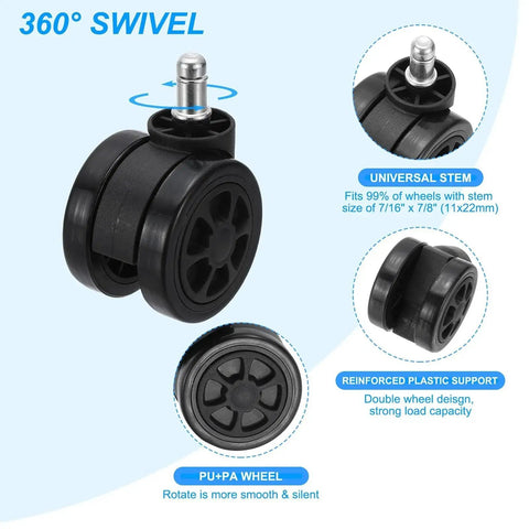 3 Inch Office Chair Wheel Replacement 5 Pack With 7/16 Inch By 7/8 Inch Universal Stem Suitable For Wood Floor and Carpet