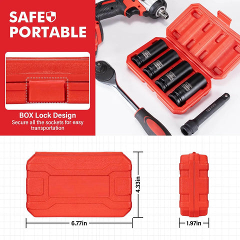 1/2 Inch Drive Impact Socket Set 4 Piece CR-MO Steel 6-Point Deep Sockets Metric 17mm 19mm 21mm 22mm With Durable Storage Case