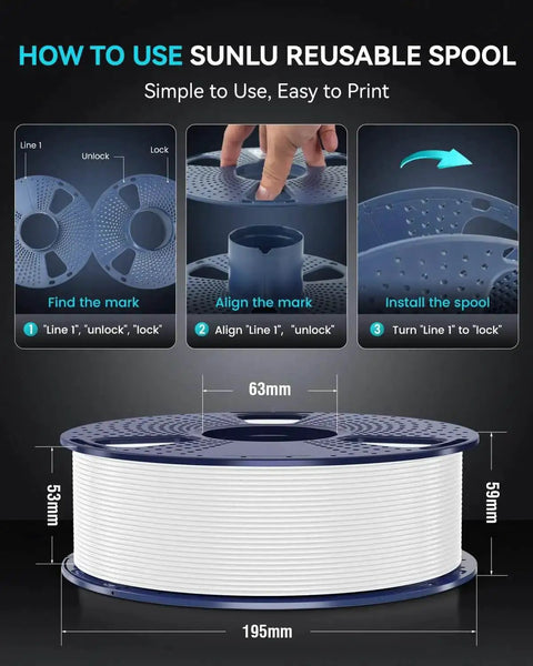 Detailed instructions for using Sunlu reusable spool with diagrams and dimensions, showing alignment and installation steps.