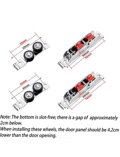 Diagram of roller components from Triple Track Sliding Door Kit For Closets And Room Dividers No Groove Wardrobe Rails