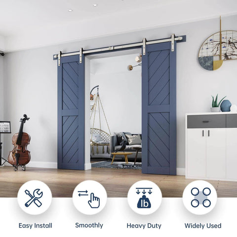 Heavy Duty 8 Ft Brushed Nickel Double Sliding Barn Door Hardware Track Kit With J Pulley installed on blue doors in living room