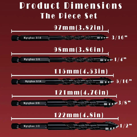 Product dimensions of the Upgraded 10 Piece 3/16 Inch 5mm Serrated 4 Flute Carbide Masonry Drill Bit Set displayed