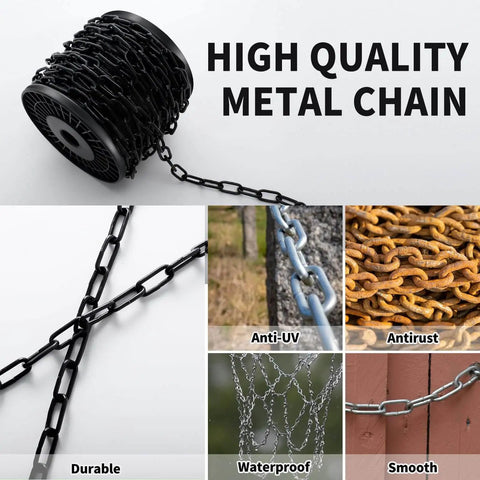 Heavy Duty Three Millimeter Metal Hanging Chain Fifty Foot Length With Organizer Spool Ideal For Hanging Plants Baskets Light Fixtures Chandeliers And Lamps Durable Utility Chain For Indoor Or Outdoor Decor Projects with images showing durability, anti-UV, antirust, waterproof, and smooth features.