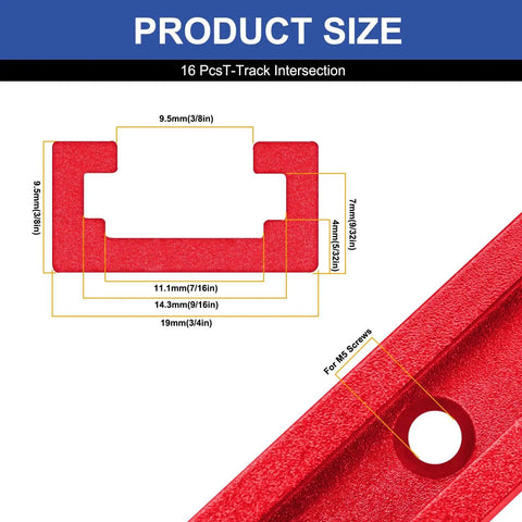 Diagram showing dimensions of Pro Grade T Track Intersection Kit for Woodworking with Screws, red finish, fine sandblasted.