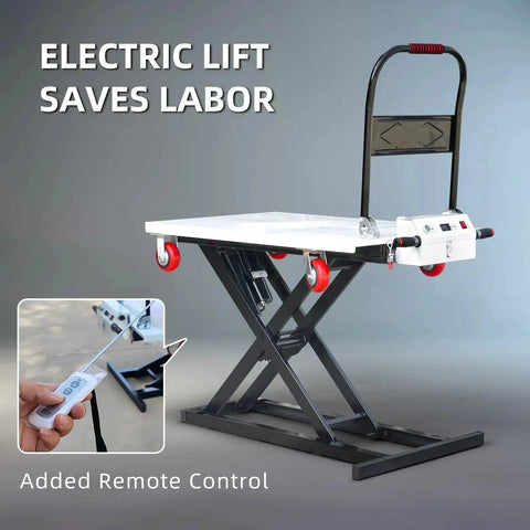 Electric lift table cart with white flatbed, 47-inch lift, black scissor frame, red caster wheels, remote control