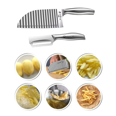 Stainless Steel Crinkle Cutter for Wavy Fries and Veggies with sharp blade, shown with crinkle-cut potatoes and fruits.