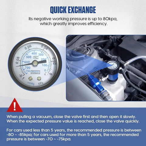Coolant Refill Kit For Car Cooling System With Pressure Gauge Tester And 3 Size Adapters Easy Leaks Detection Quick Coolant Change MR CARTOOL Compatible installed in engine bay showing gauge and hose connections.