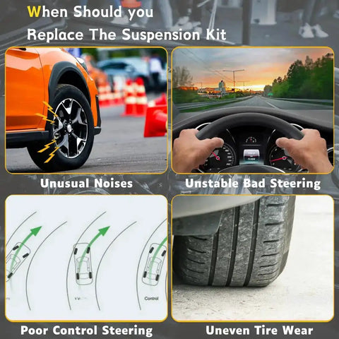 Signs to replace suspension kit with unusual noises, unstable steering, poor control, uneven tire wear - GMC Savana 3500 Front Suspension Kit Beefed-Up With Tie Rod Ends, Ball Joints, Sway Bar Links, Idler Arm, Idler Arm Bracket And Pitman Arm For 2003-2007 6.0L V8 With 3 Groove Spline.