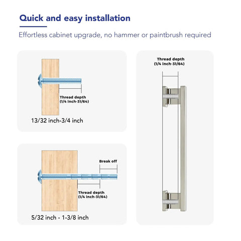 Installation guide for 10 Pack 5 Inch Brushed Nickel Cabinet Pulls with mounting screw dimensions and thread depth details