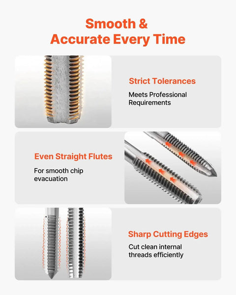 Close-up of the 51-Piece SAE Tap And Die Set for threading and rethreading, showcasing straight flutes and sharp cutting edges.