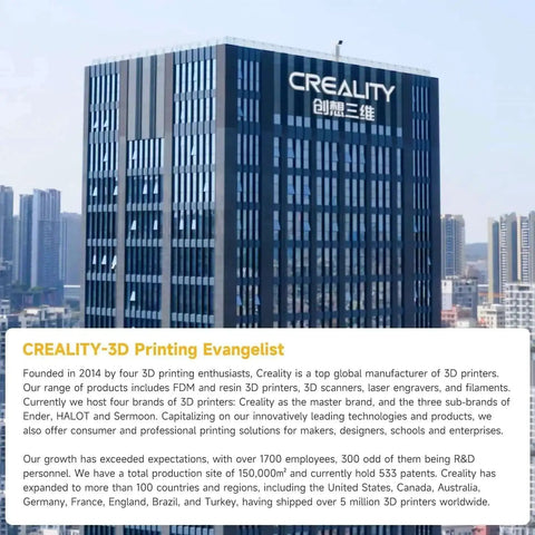 Creality corporate building with city skyline, showcasing leadership in 3D printing technology and innovation.