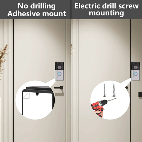 Comparison of no drill adhesive doorbell mount vs electric drill mount for Blink/Ring video doorbells on doors