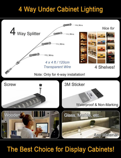 4 Way Splitter for Ultra Bright 4 Panel Under Cabinet LED Light Kit With 4 Way Splitter, installation options for cabinets.