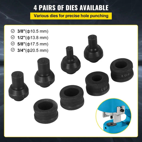 4 pairs of dies for 35 Ton Hydraulic Hole Punch Tool for iron, copper, aluminum, stainless steel sheets with 109mm throat.