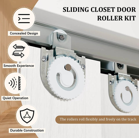 Five Panel Sliding Closet Door Kit With Track And Floor Guide No Fuss Install For 60 By 80 Inch Openings White MDF Doors With Smooth Glide Perfect For Bedroom Closets Storage Rooms Studies And Living Spaces roller kit close-up