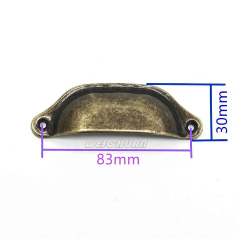 Antique Bronze Iron Drawer Knobs Pulls Handles Set For Cabinets And Wardrobes Vintage Shell Shape Three And Three Quarters Inch Length Nine Point Six Centimeters Twenty Piece Pack With Screws DIY Friendly product image showing front view with dimensions 83mm by 30mm.