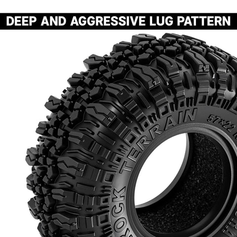 Close-up of Grippy Soft Rubber Rock Crawler Tires 1.0 Beadlock Fit For 1/18 And 1/24 RC Cars, 4 Pack 56x22mm, showing deep lug pattern