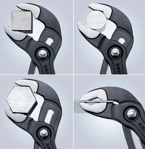 Cobra Water Pump Pliers 7 And A Quarter Inch Beefy Self Locking Pliers gripping square, round, hex, and flat objects.