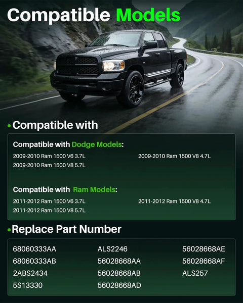 Black Dodge Ram pickup on a rainy road with a green Compatible Models panel listing Ram and Dodge models.