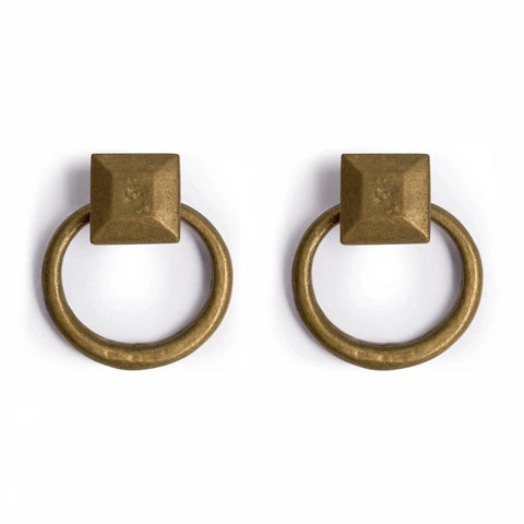 Peg And Ring Pulls 2 Inch Set Of 2 Solid Brass Cabinet And Furniture Hardware With Square Mount Holder and 35mm Screws Included