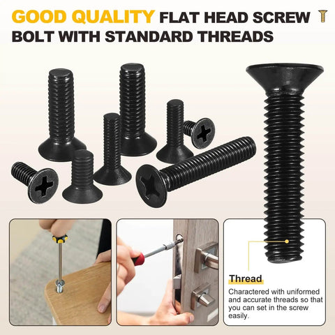 Phillips Countersunk Machine Bolt Set Size 8 32 By 3 4 Inch 50 Piece Stainless Steel 304 Flat Head Heavy Duty Hardware Kit With Hex Key Wrench Black Finish For Indoor Metal Fastening And DIY Furniture Repair displayed with flat head screws and examples of use in furniture.