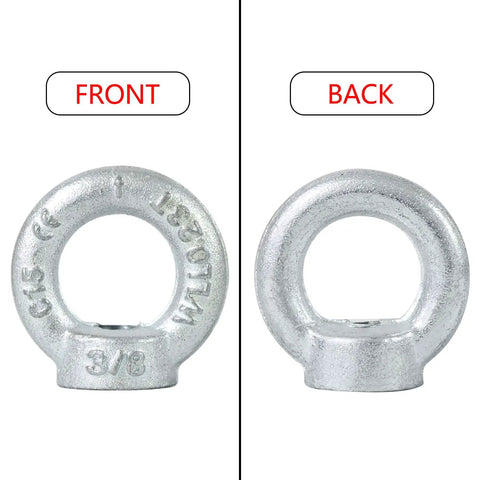 Front and back view of Heavy Duty Lifting Eye Nuts 3/8-16 UNC Thread, Drop Forged Galvanized C15 Steel, Ring Shape Lifting Eye Nut for Hoists and Rigging, Corrosion Resistant Fastener for Marine and Workshop Use, 4 Pack Zadery