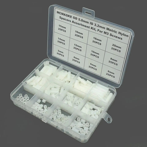 Nylon Round Unthreaded Spacers Kit For M3 Screws, 300 Pc White Assortment With 5mm Od And 3.2mm Id in storage case