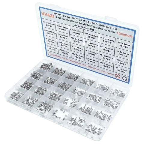 Massive 1200 Pieces 304 Stainless Steel Phillips Flat Head Self Tapping Screws Assortment Kit with 24 Sizes in open case