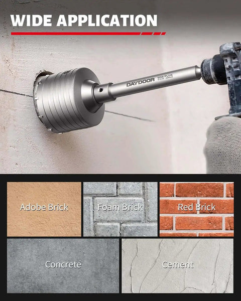 Heavy Duty Concrete Hole Saw Kit With SDS Plus Shank Adapter For Deep Drilling, 6-5/16 Inch Tungsten Carbide Tipped Masonry Core Drill Bit For Brick Cement Wall And Stone, Extra Long 220mm Shank And 110mm Pilot Bit DAYDOOR shown drilling into concrete wall